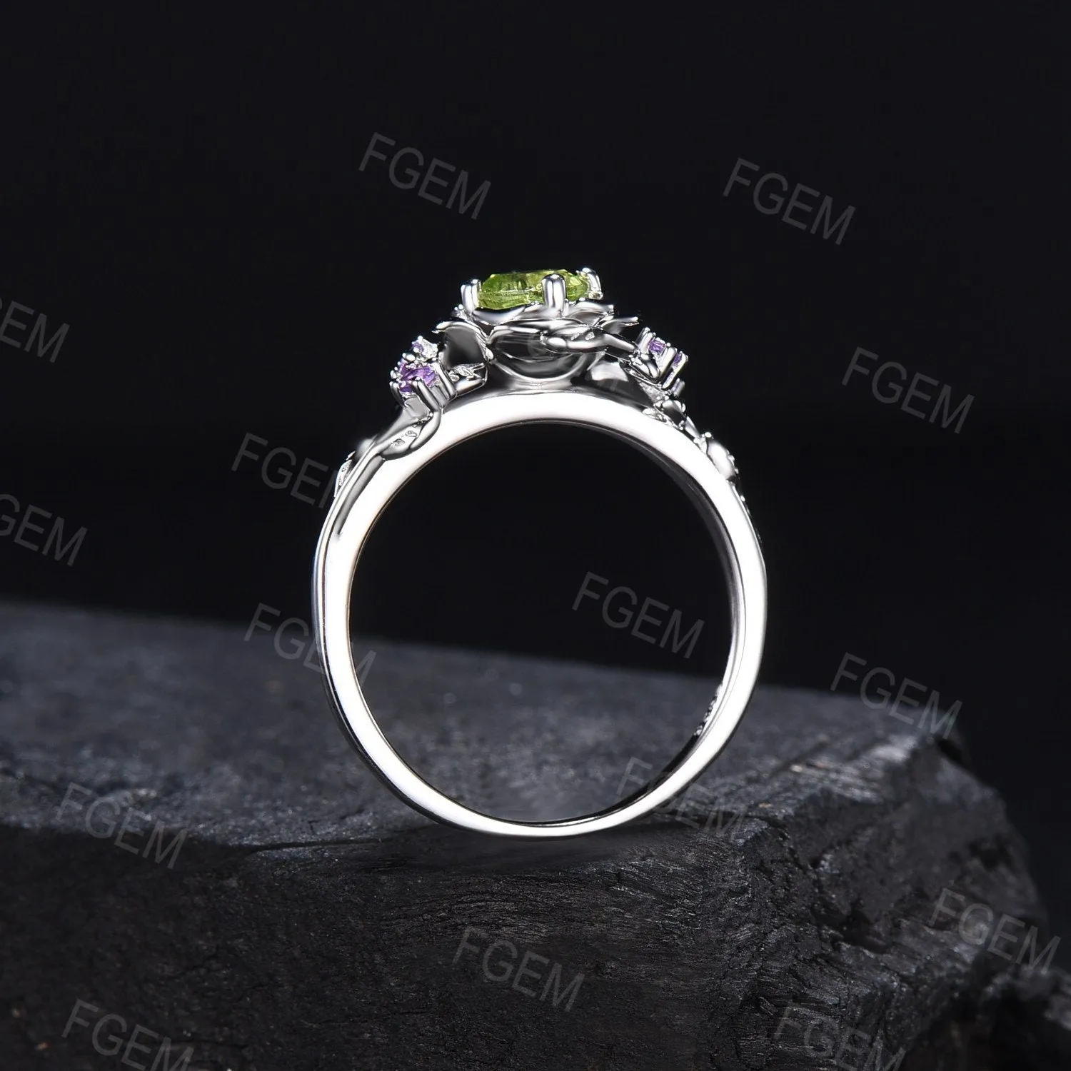 Rose Flower Engagement Ring 5mm Round Natural Peridot Wedding Ring Nature Inspired Leaf Floral Cluster Amethyst Ring August Birthstone Gift