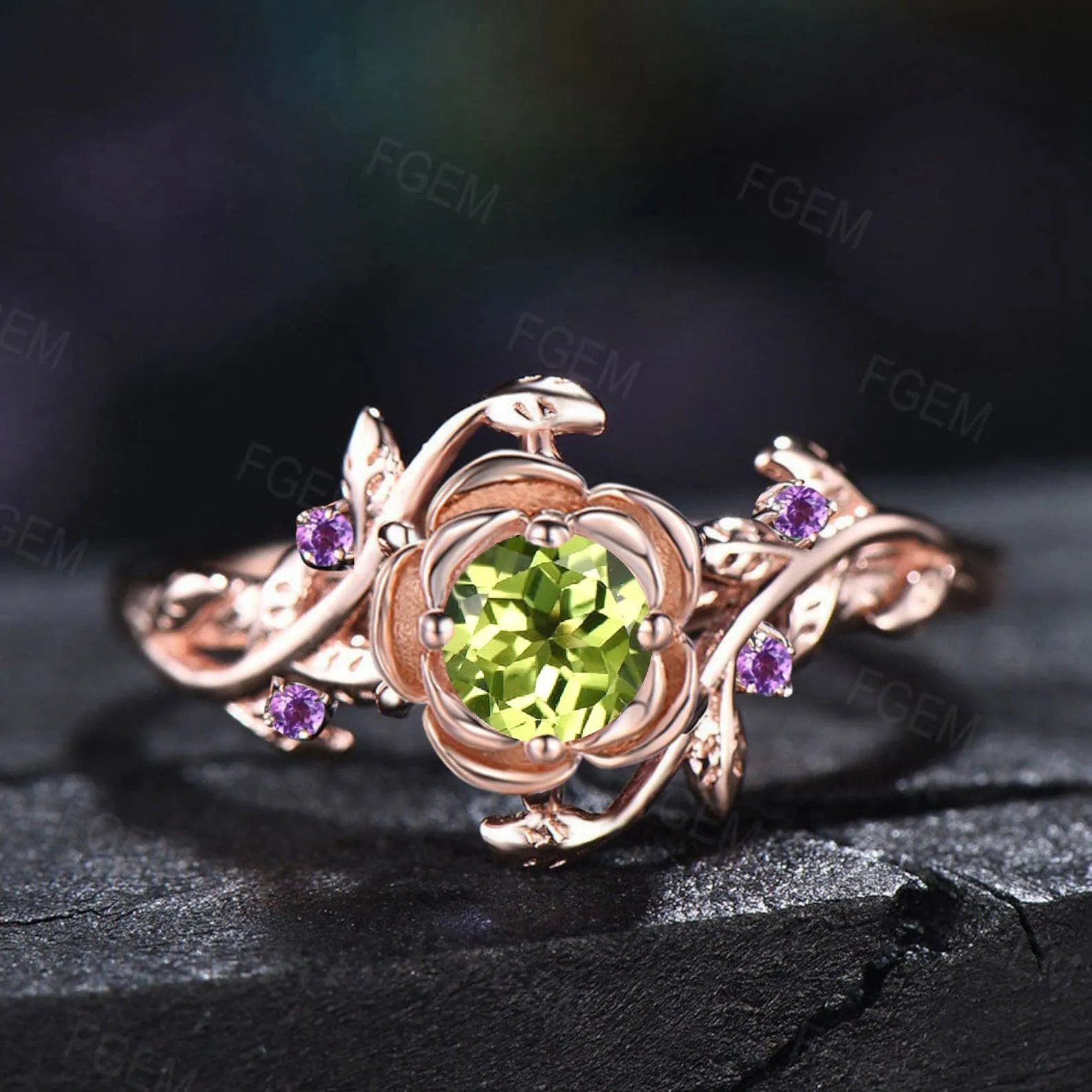 Rose Flower Engagement Ring 5mm Round Natural Peridot Wedding Ring Nature Inspired Leaf Floral Cluster Amethyst Ring August Birthstone Gift