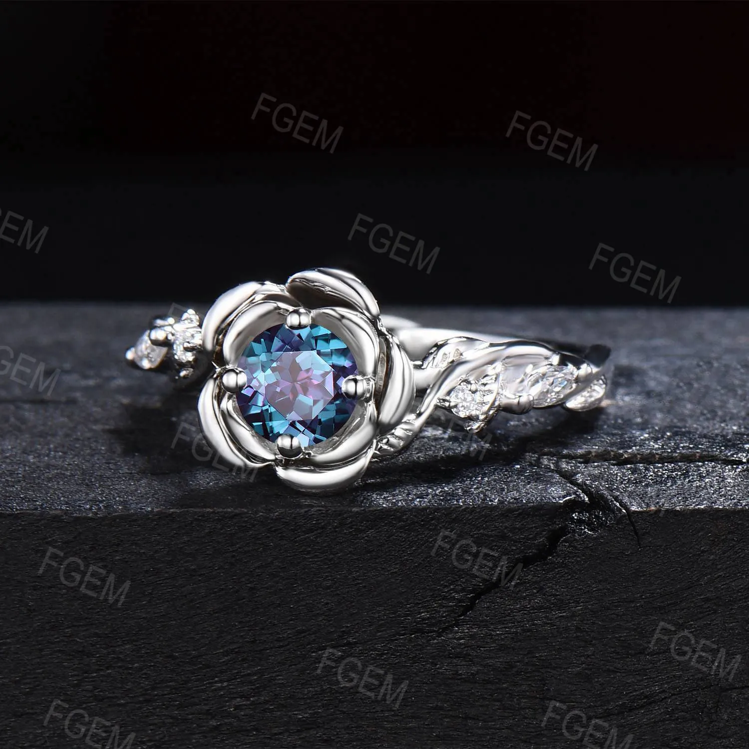 Rose Flower Engagement Ring Round Color-Change Alexandrite Wedding Ring Silver Floral Moissanite Ring June Birthstone Jewelry Proposal Gifts