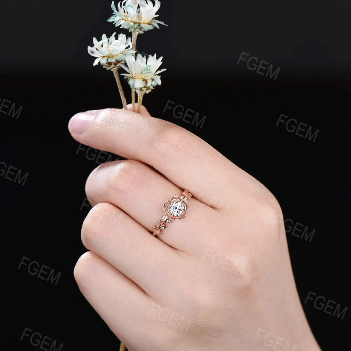 Rose Flower Moissanite Engagement Ring 10K/14K/18K Rose Gold Vintage Leaf Diamond Bridal Ring Unique Anniversary Gift Floral Wedding Ring
