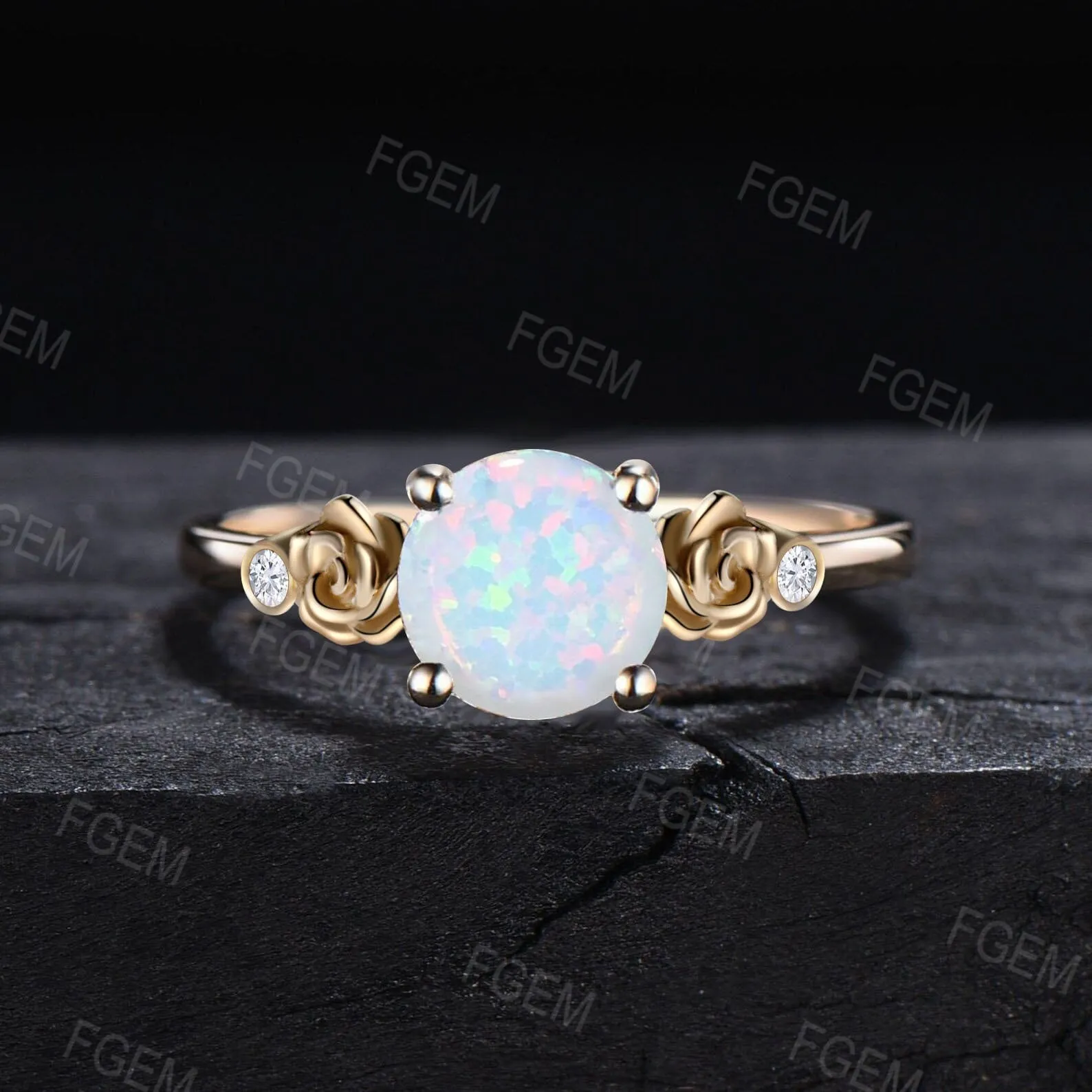 Rose Flower Nature Inspired White Opal Engagement Ring Round Nature Wedding Ring Floral Opal Moissanite Ring October Birthstone Jewelry Gift