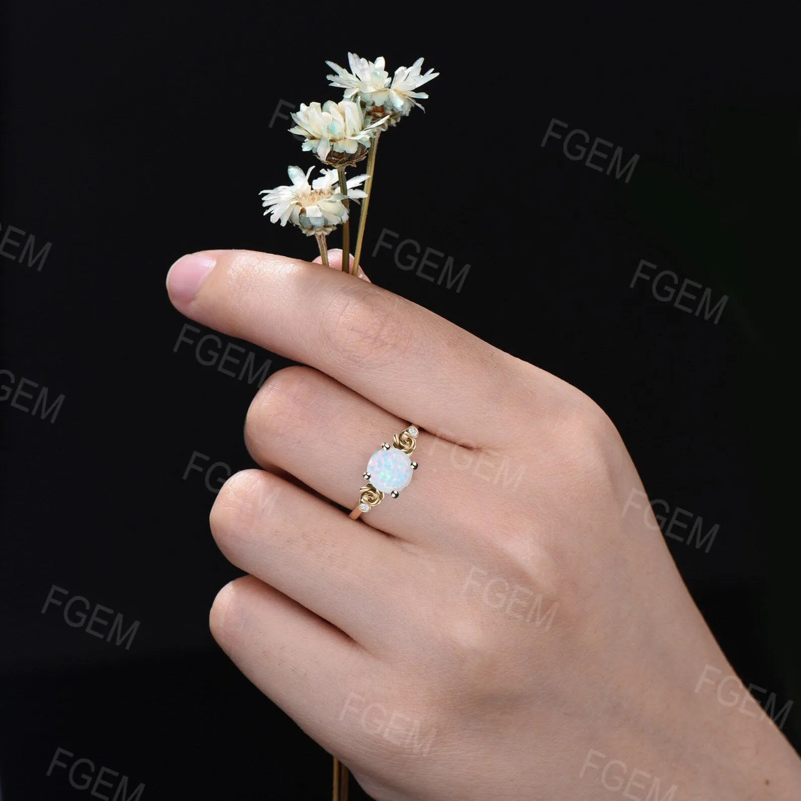 Rose Flower Nature Inspired White Opal Engagement Ring Round Nature Wedding Ring Floral Opal Moissanite Ring October Birthstone Jewelry Gift