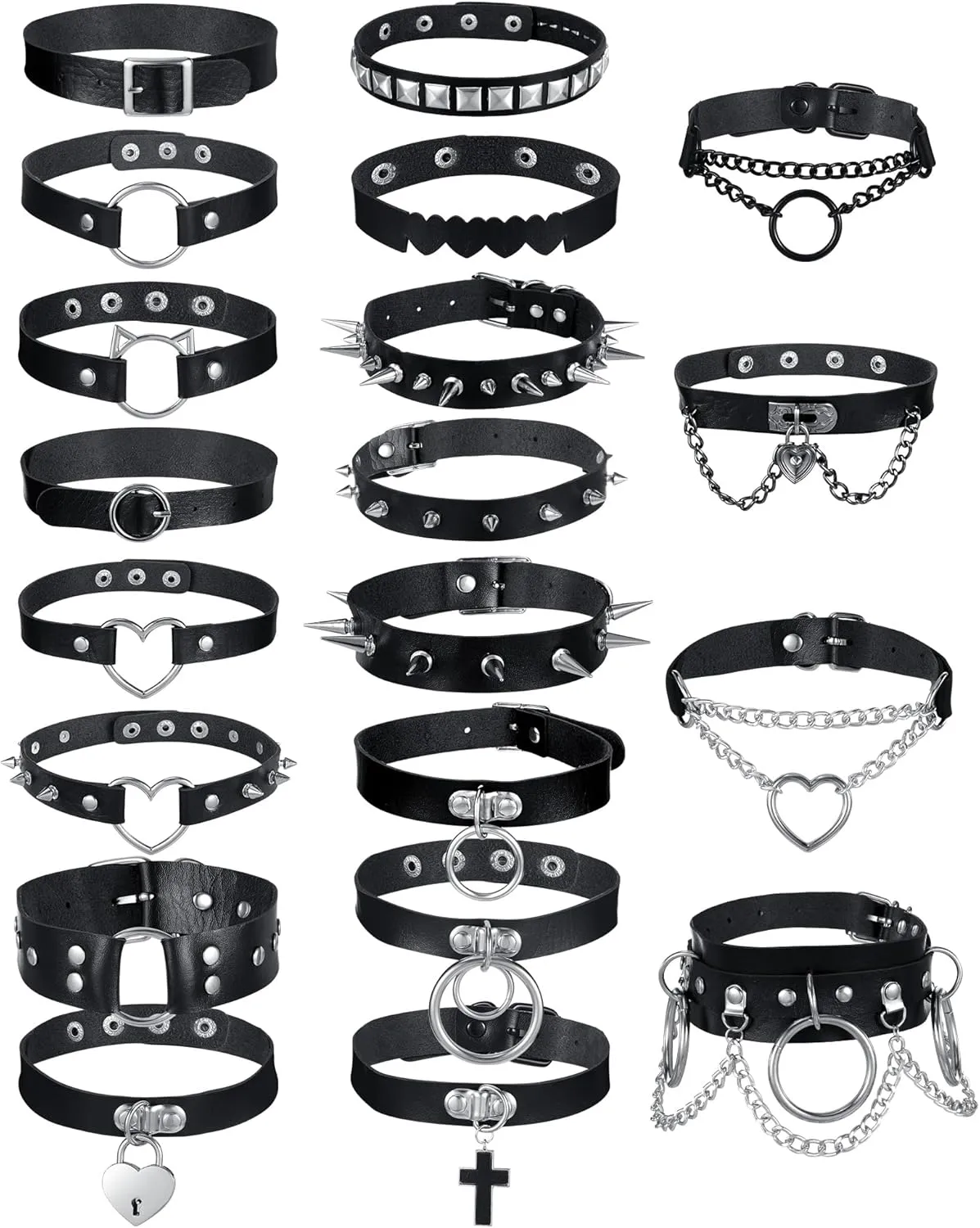 Sasylvia 20 Pcs Punk Leather Choker Necklaces Bulk Gothic Spiked Choker Set for Women Adjustable Black PU Leather Goth Studded Rock Necklaces Rivet Spike Halloween Costume Cosplay Accessories