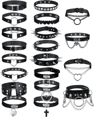 Sasylvia 20 Pcs Punk Leather Choker Necklaces Bulk Gothic Spiked Choker Set for Women Adjustable Black PU Leather Goth Studded Rock Necklaces Rivet Spike Halloween Costume Cosplay Accessories