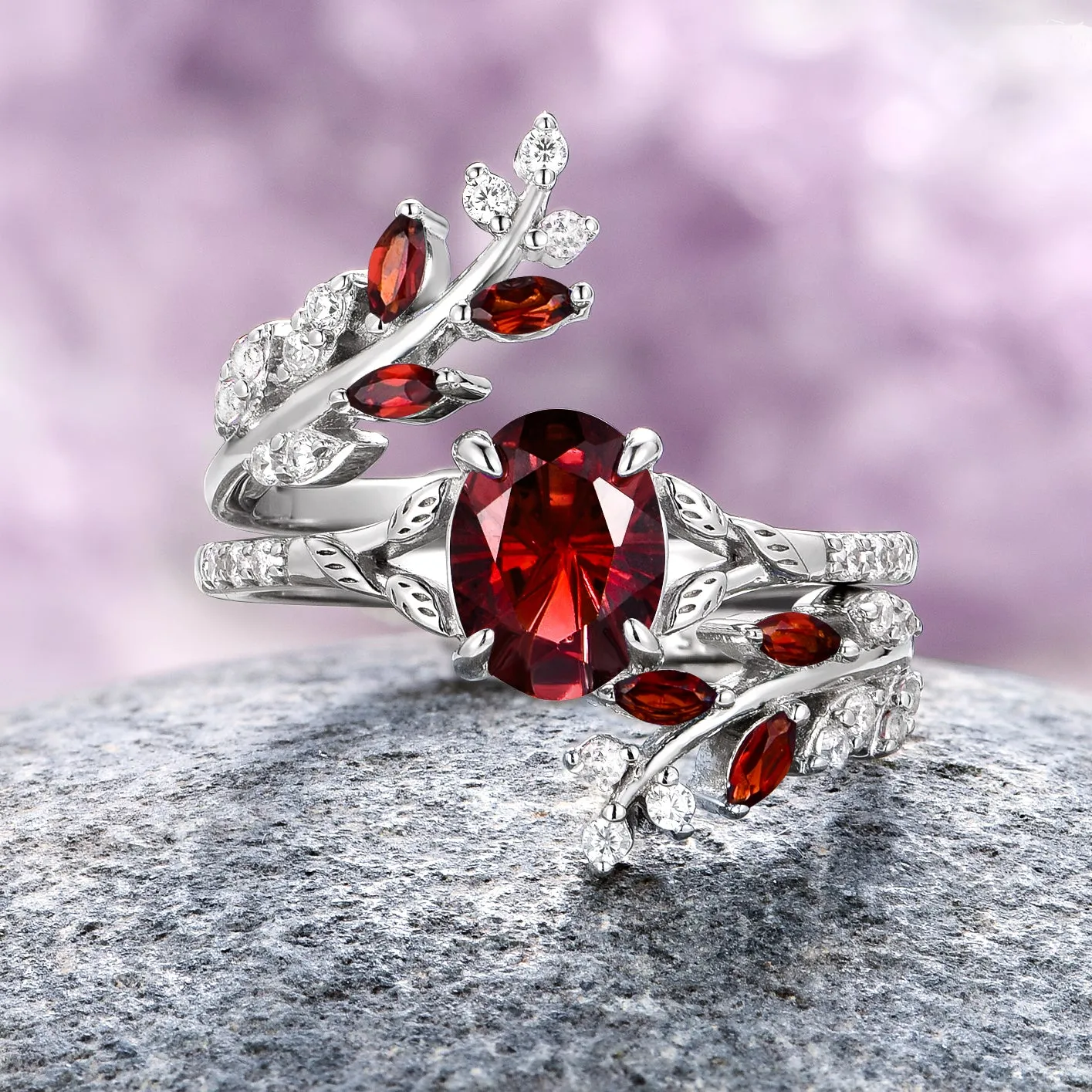 Star Cut Garnet & Redwood Couples Ring Set