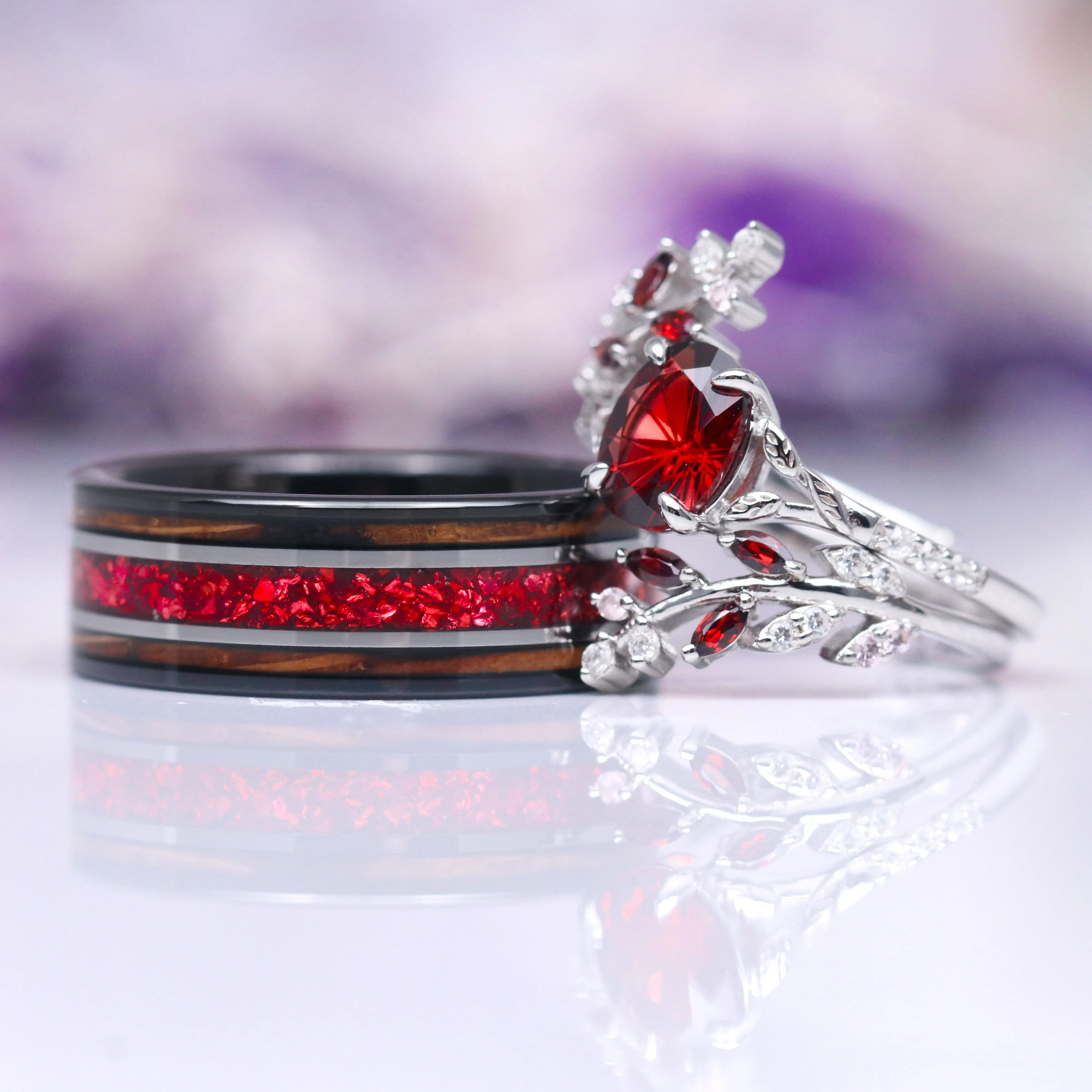Star Cut Garnet & Redwood Couples Ring Set