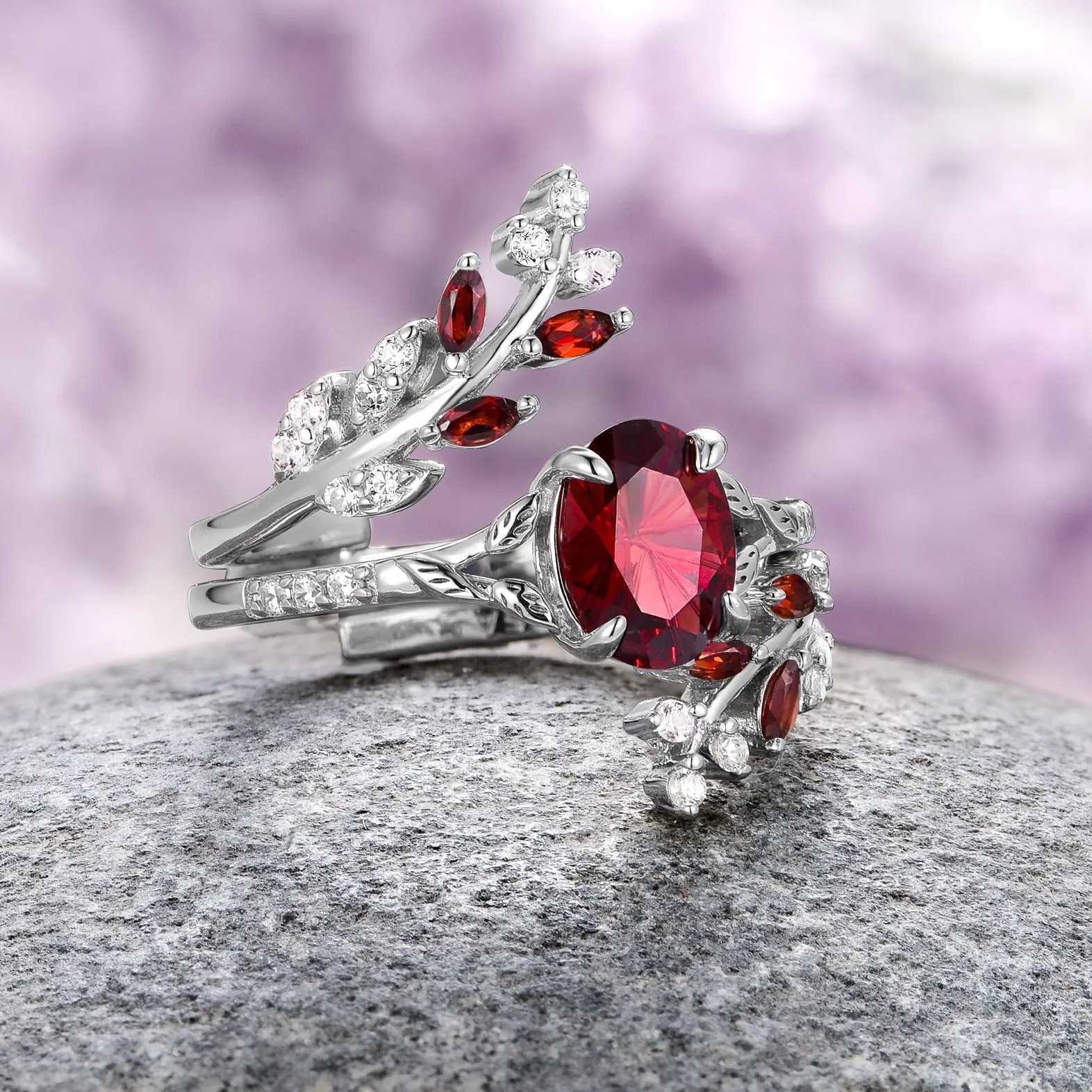 Star Cut Garnet & Redwood Couples Ring Set