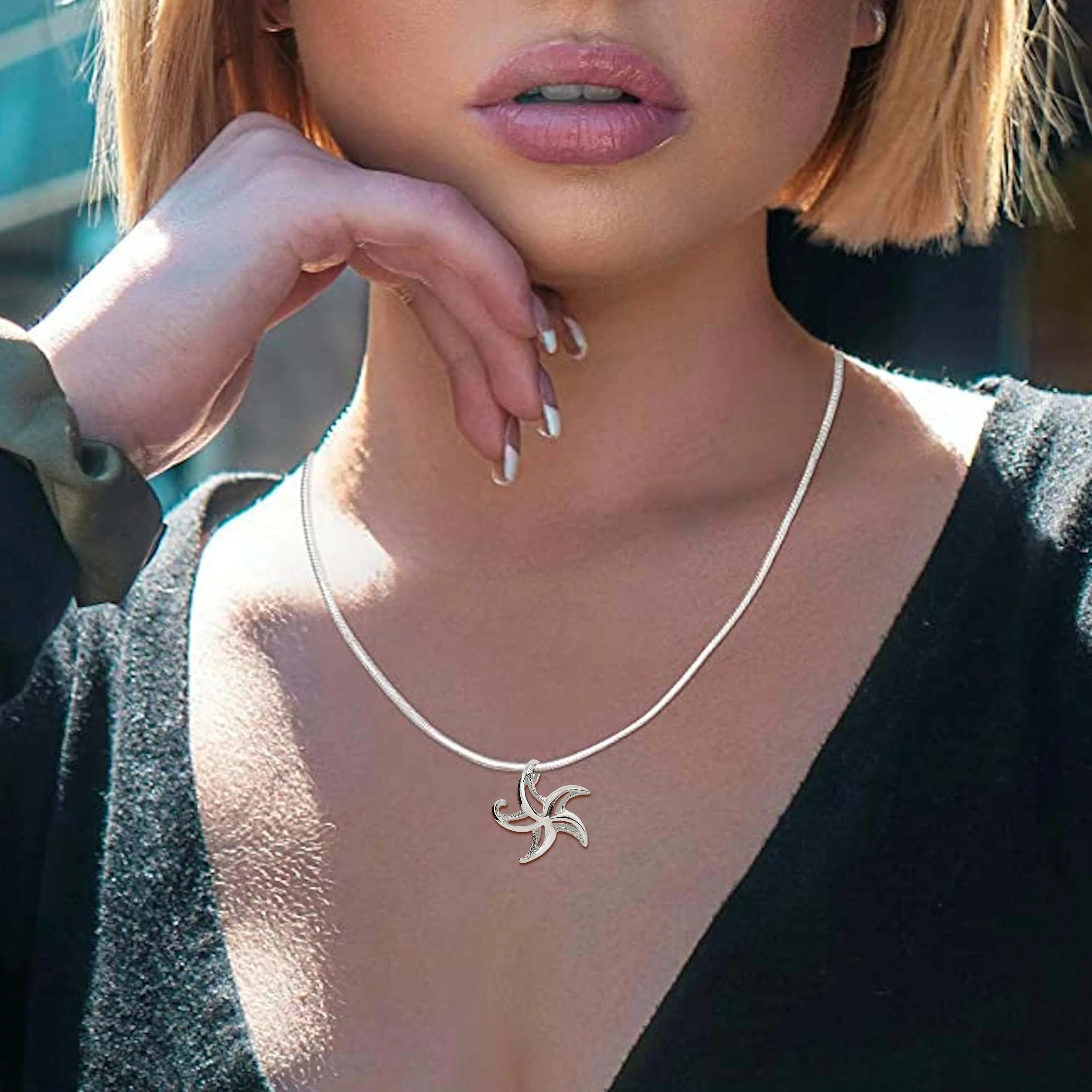 Starfish Necklace Sterling Silver for Women- Seastar Pendant, Sea Star Jewelry Sterling Silver, Beachy Necklace