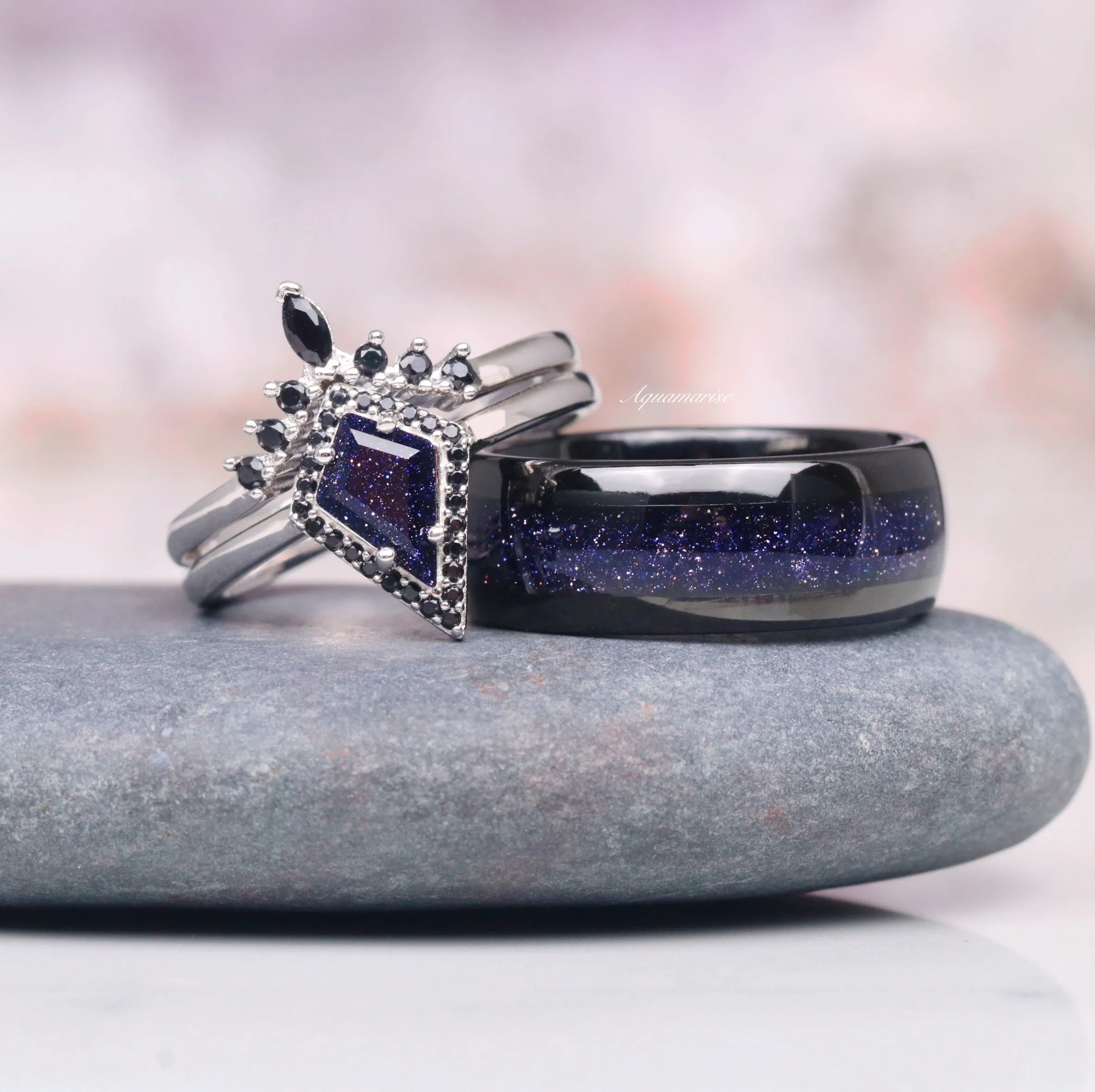 Starry Night & Black Onyx Engagement Ring Set- 14K White Gold