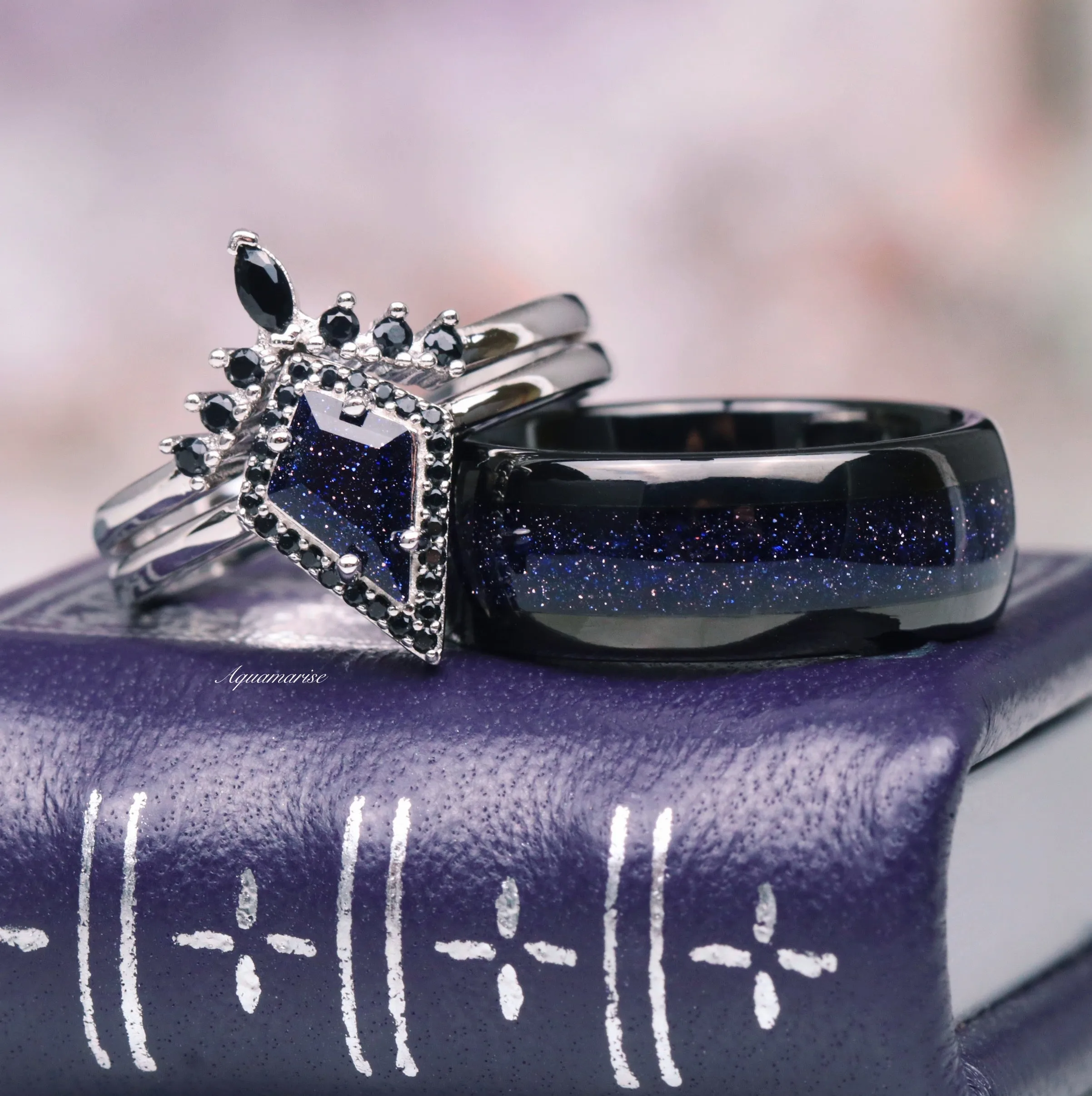 Starry Night & Black Onyx Engagement Ring Set- 14K White Gold