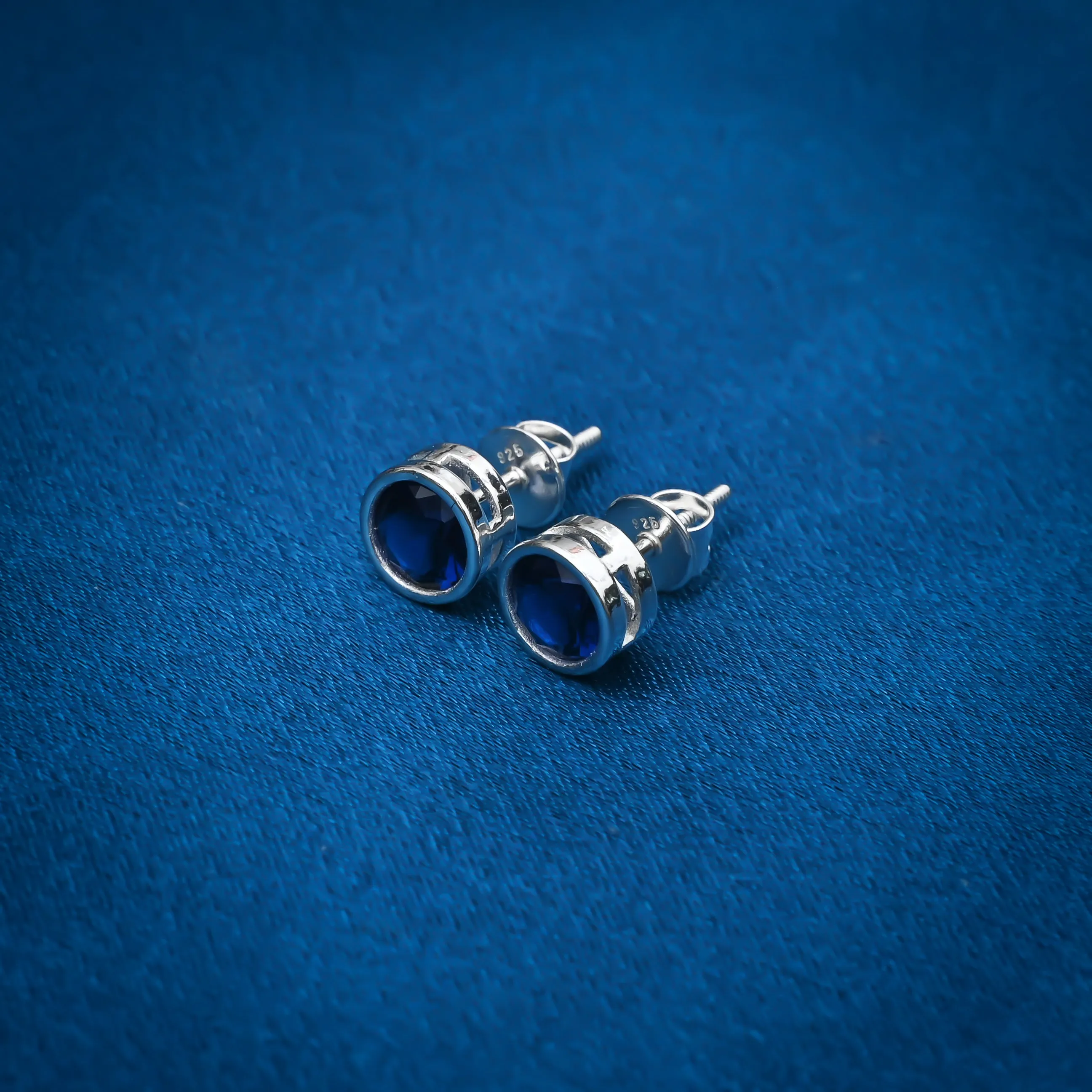 Stylish Round Blue Stone Silver Earrings