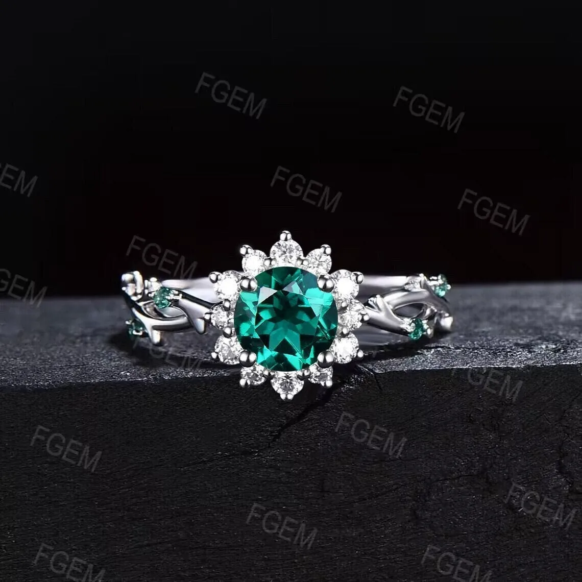 Sunflower Emerald Engagement Ring Round Green Emerald Twig Wedding Ring 10K White Gold Nature Inspired Leaf Floral Emerald Ring Promise Gift