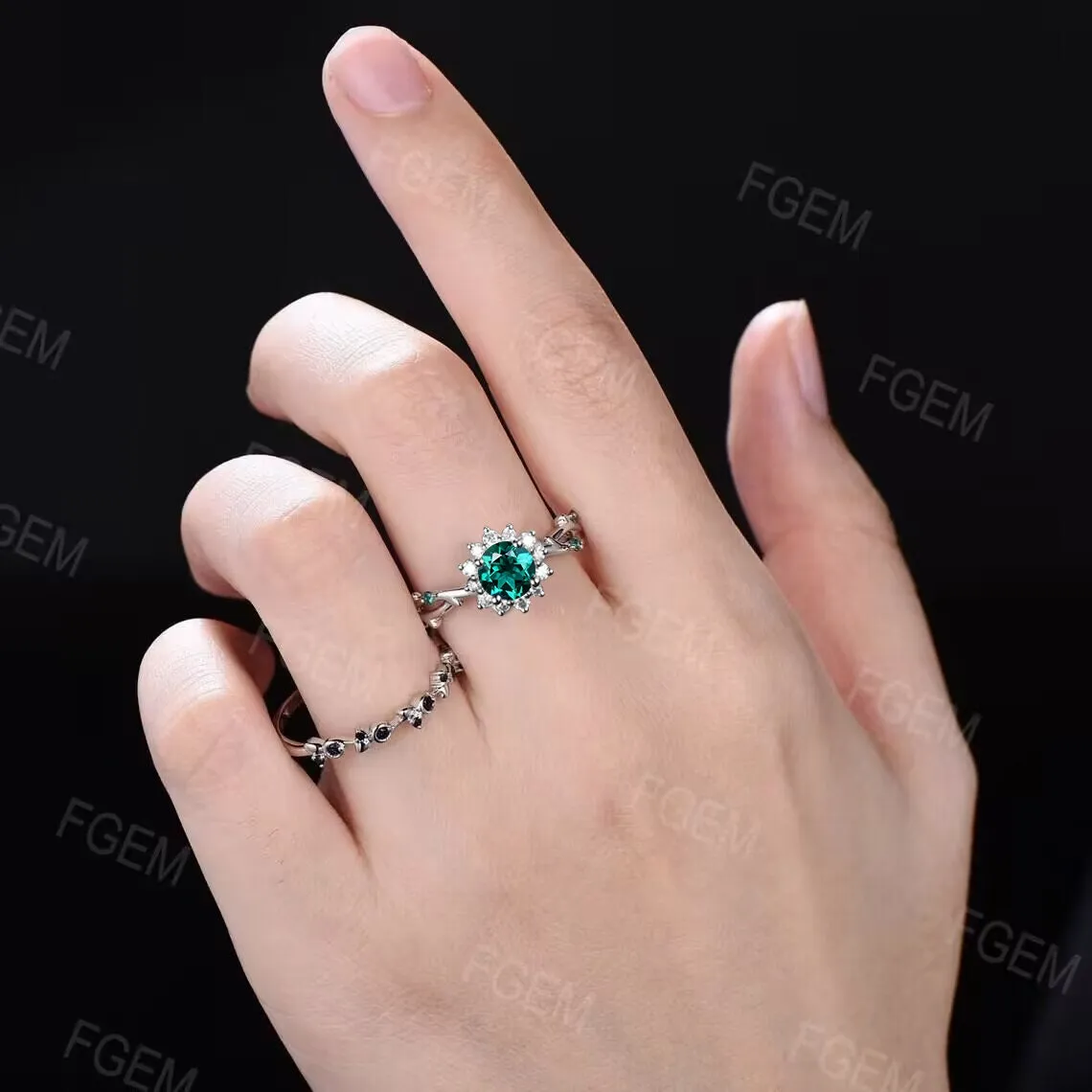 Sunflower Emerald Engagement Ring Round Green Emerald Twig Wedding Ring 10K White Gold Nature Inspired Leaf Floral Emerald Ring Promise Gift