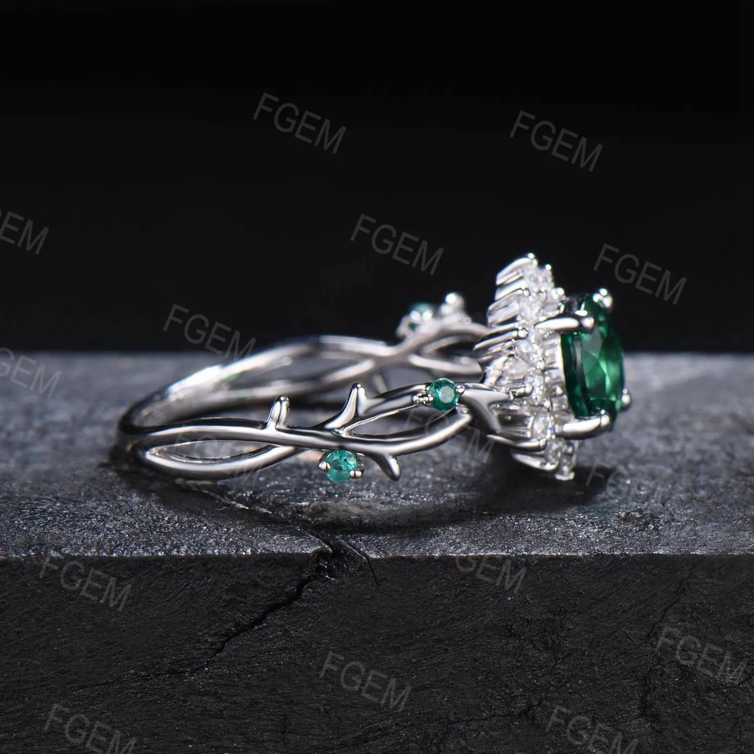 Sunflower Emerald Engagement Ring Round Green Emerald Twig Wedding Ring 10K White Gold Nature Inspired Leaf Floral Emerald Ring Promise Gift