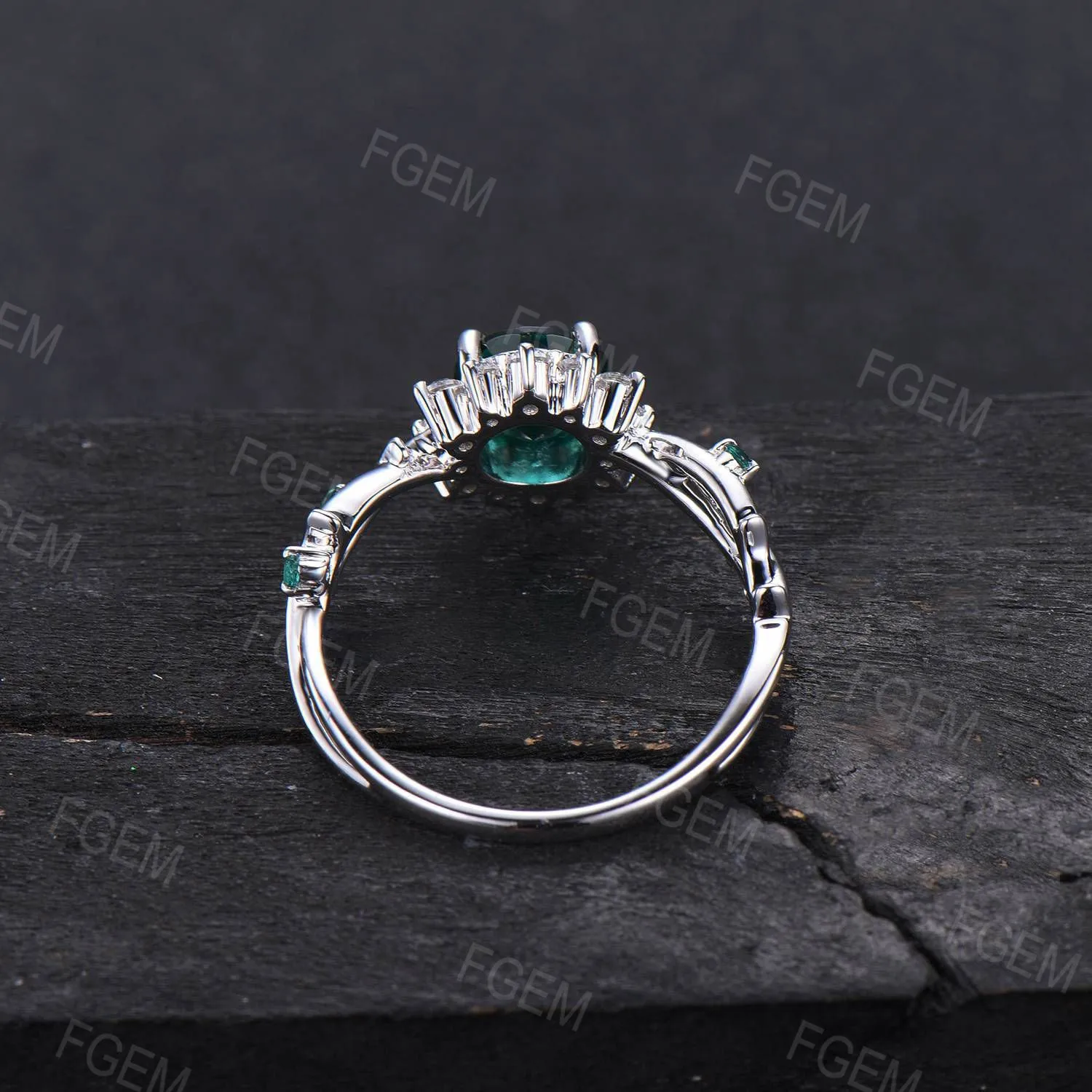 Sunflower Emerald Engagement Ring Round Green Emerald Twig Wedding Ring 10K White Gold Nature Inspired Leaf Floral Emerald Ring Promise Gift