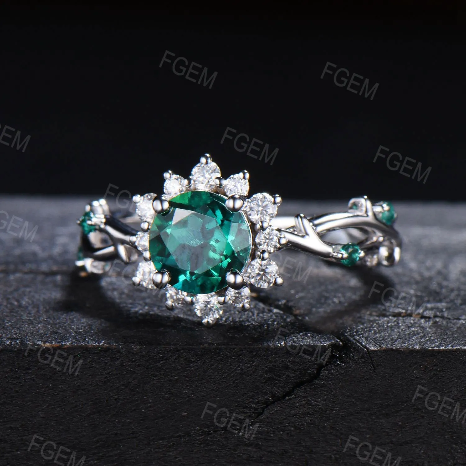 Sunflower Emerald Engagement Ring Round Green Emerald Twig Wedding Ring 10K White Gold Nature Inspired Leaf Floral Emerald Ring Promise Gift