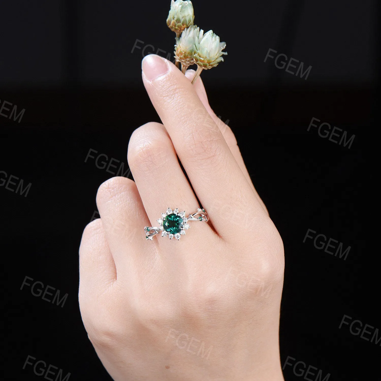Sunflower Emerald Engagement Ring Round Green Emerald Twig Wedding Ring 10K White Gold Nature Inspired Leaf Floral Emerald Ring Promise Gift