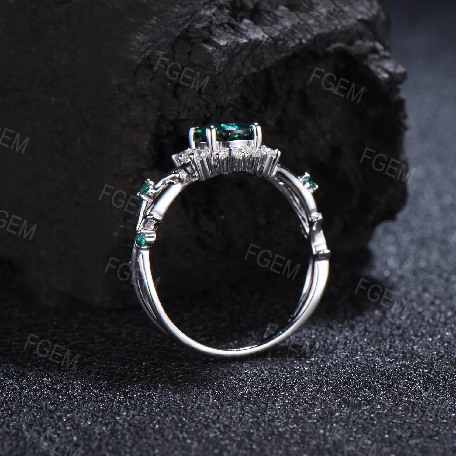 Sunflower Emerald Engagement Ring Round Green Emerald Twig Wedding Ring 10K White Gold Nature Inspired Leaf Floral Emerald Ring Promise Gift