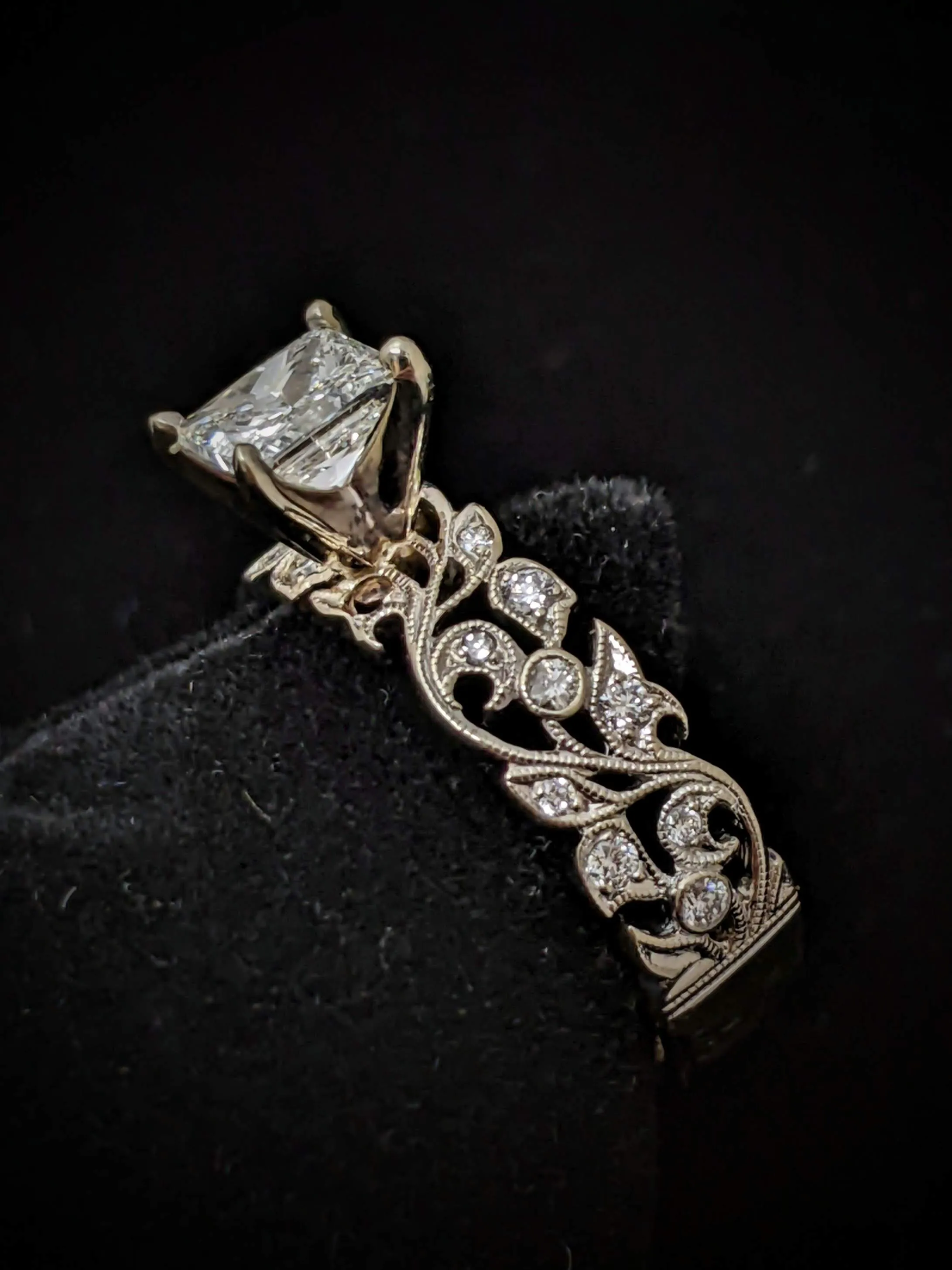 White Gold Princess Cut Diamond Floral Engagement Ring