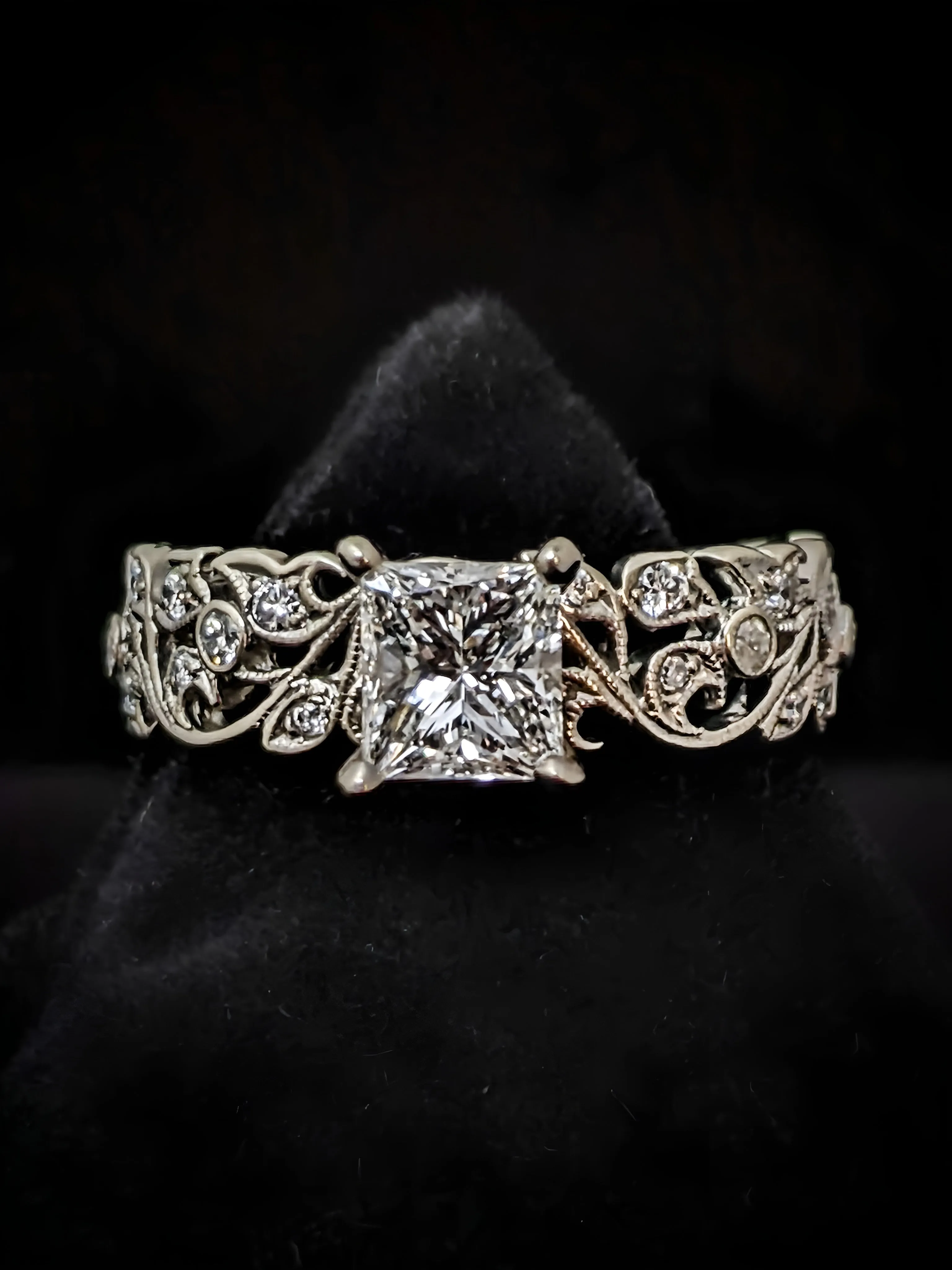 White Gold Princess Cut Diamond Floral Engagement Ring