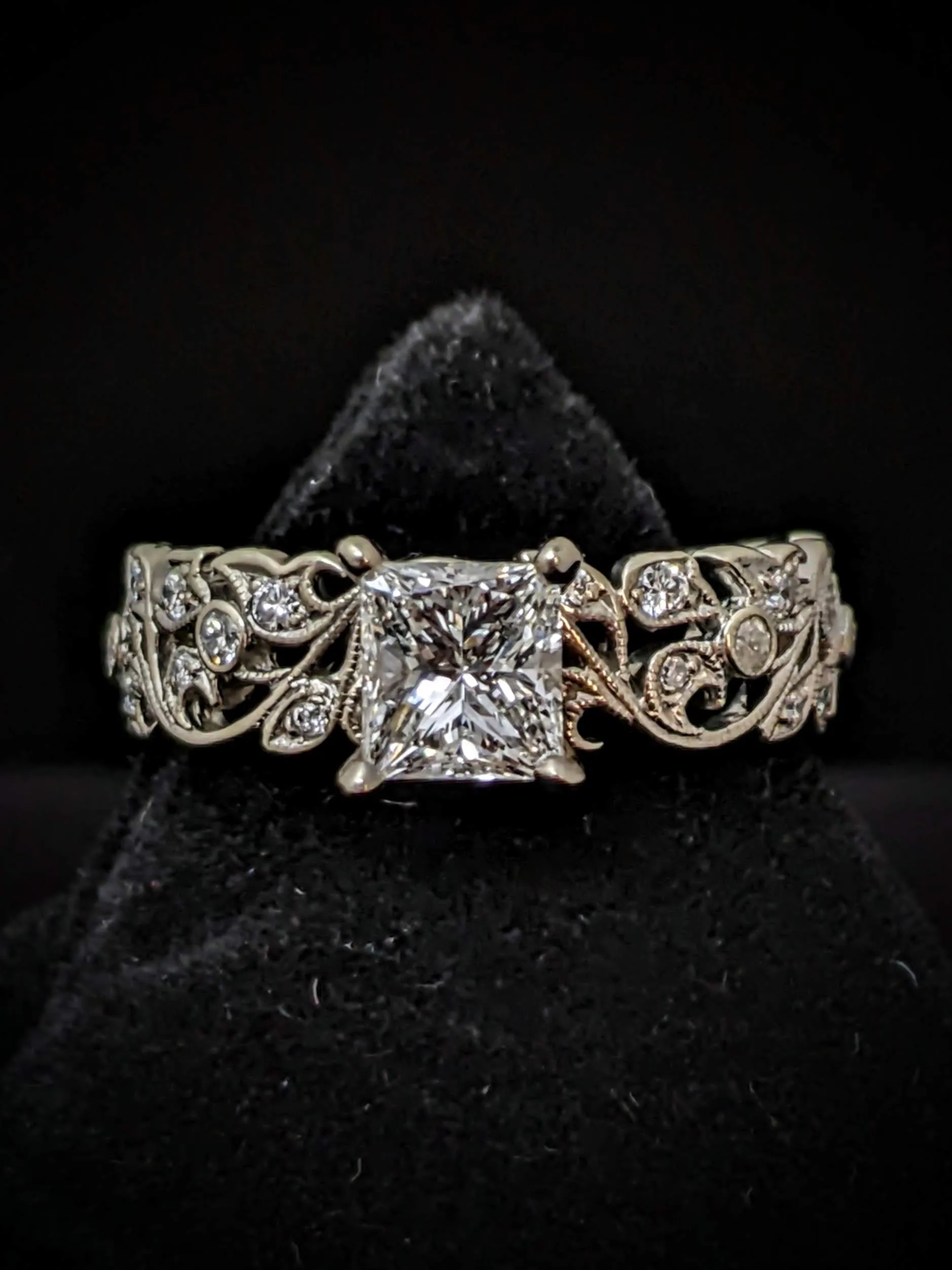 White Gold Princess Cut Diamond Floral Engagement Ring