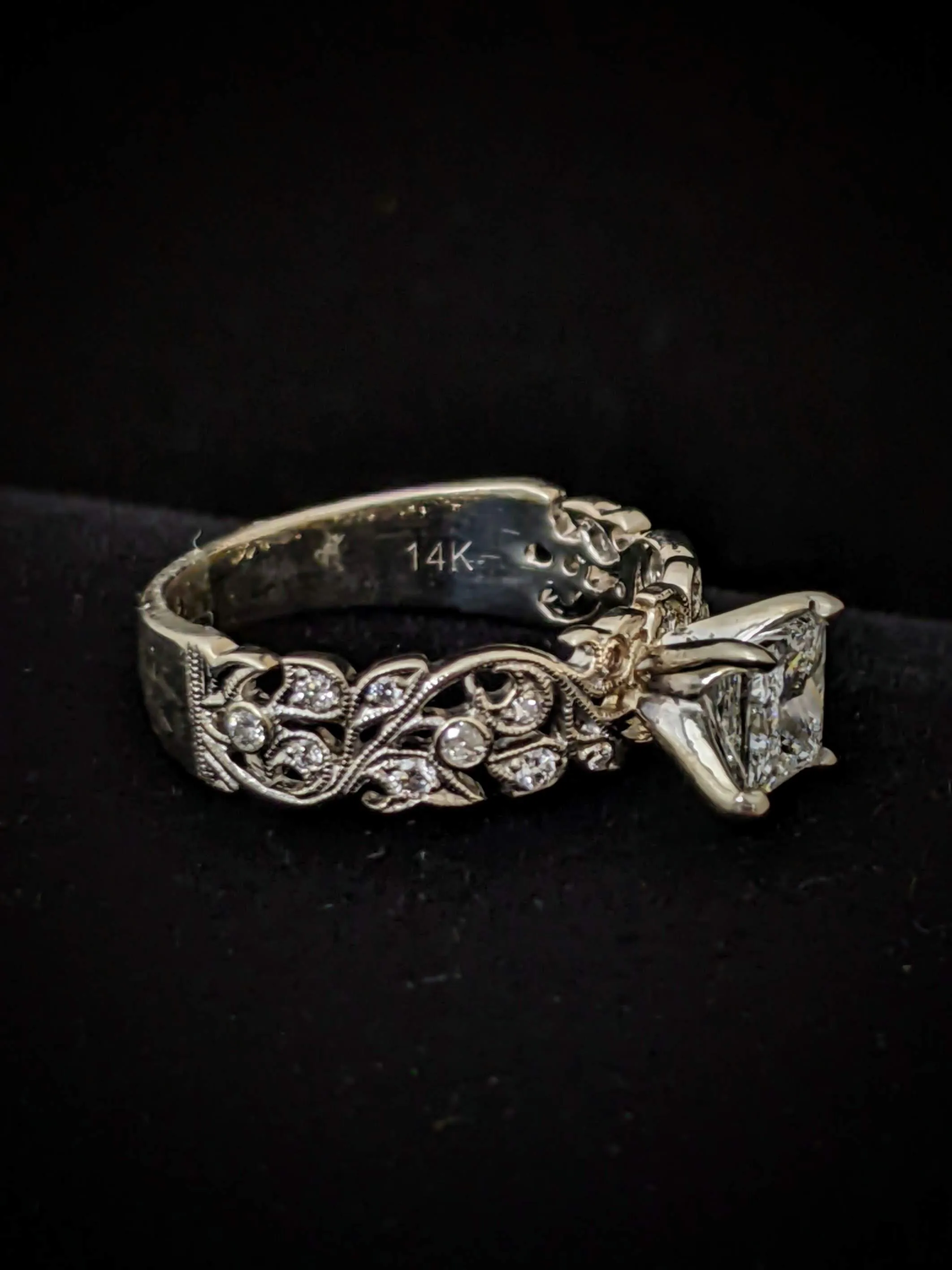 White Gold Princess Cut Diamond Floral Engagement Ring