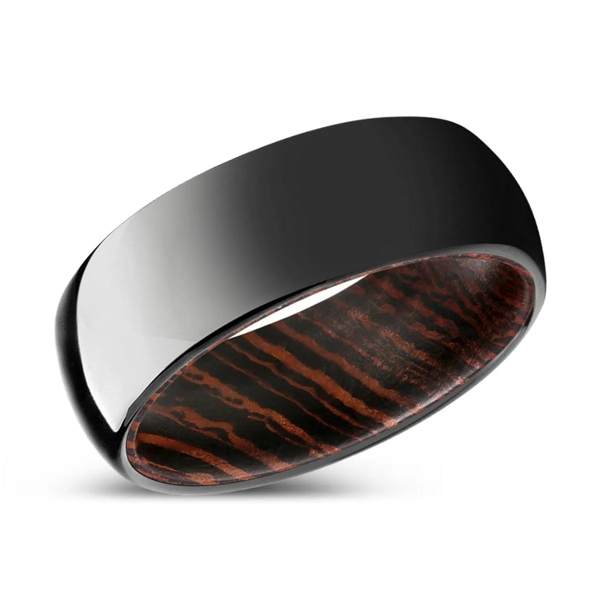 WOODVALE | Wenge Wood, Black Tungsten Ring, Shiny, Domed