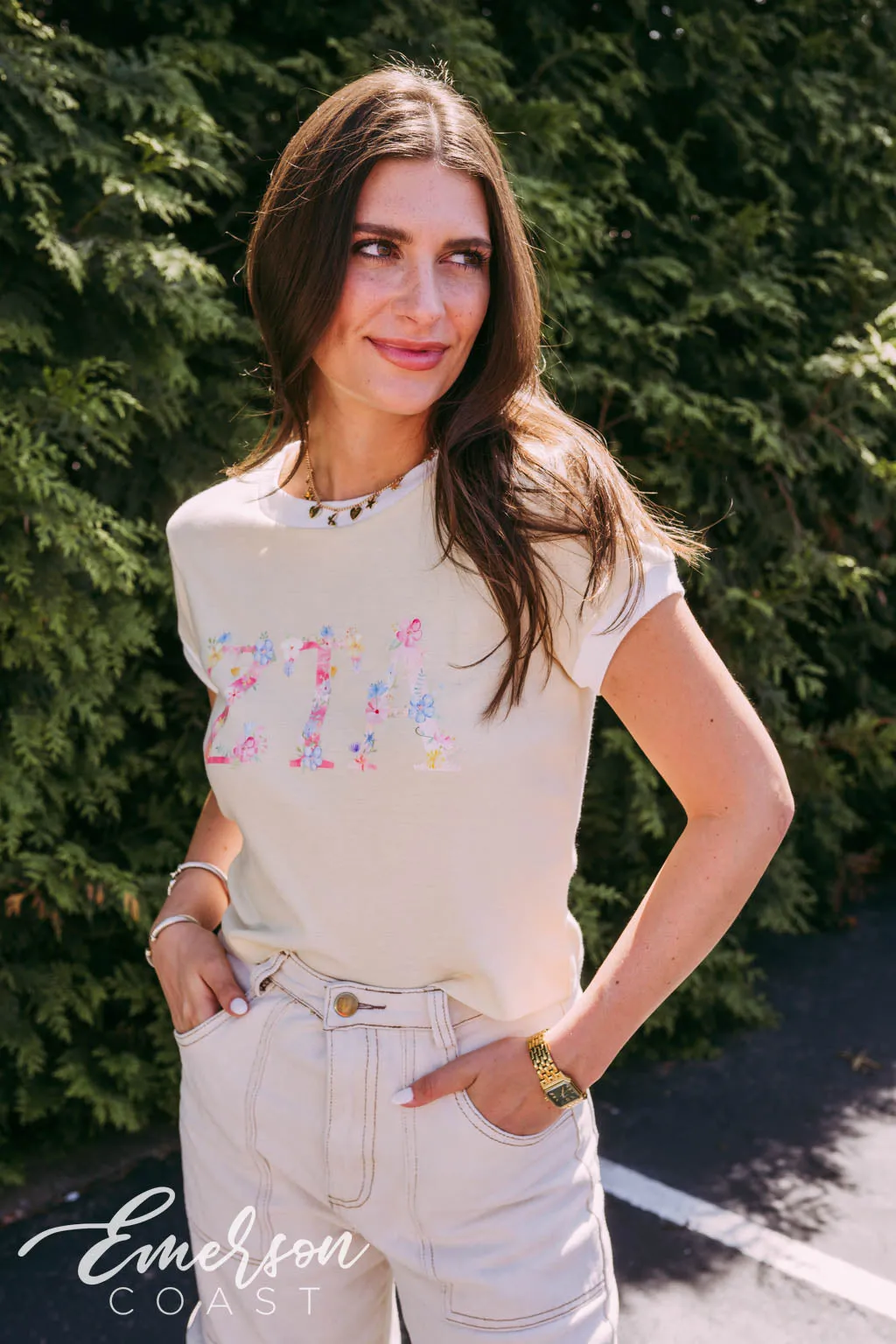 ZTA Floral Letters Cream Baby Ringer Tee