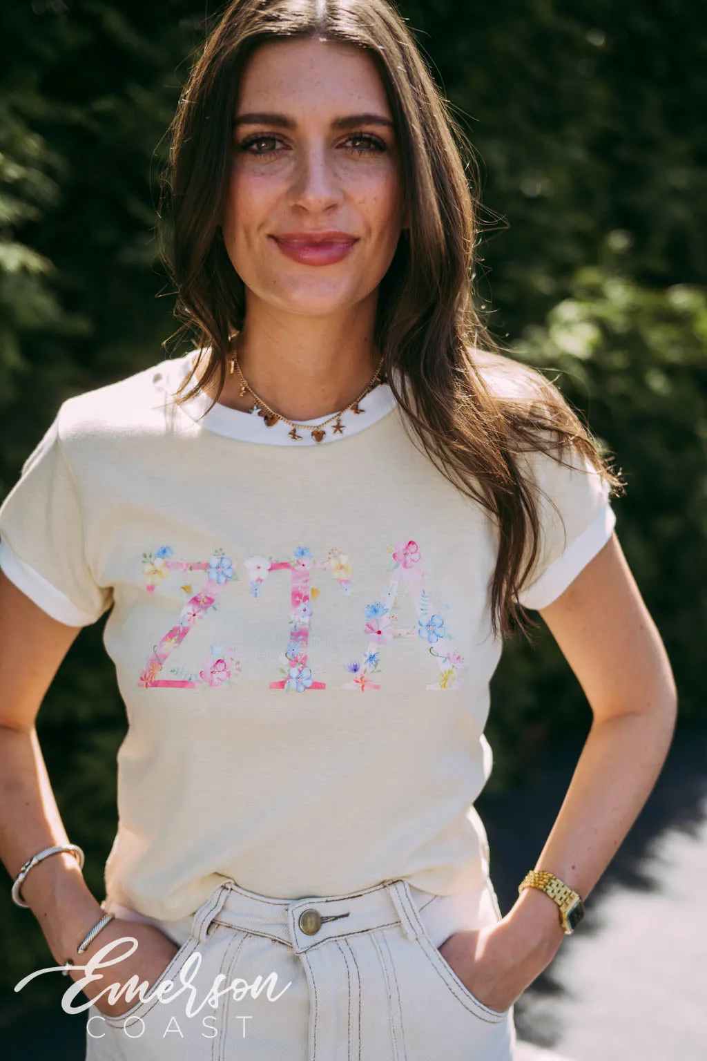 ZTA Floral Letters Cream Baby Ringer Tee