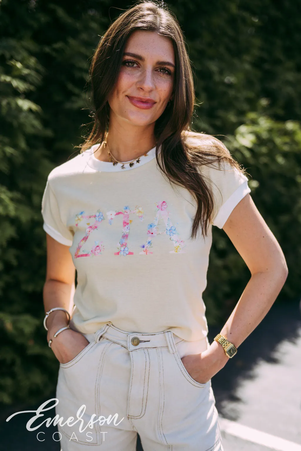 ZTA Floral Letters Cream Baby Ringer Tee