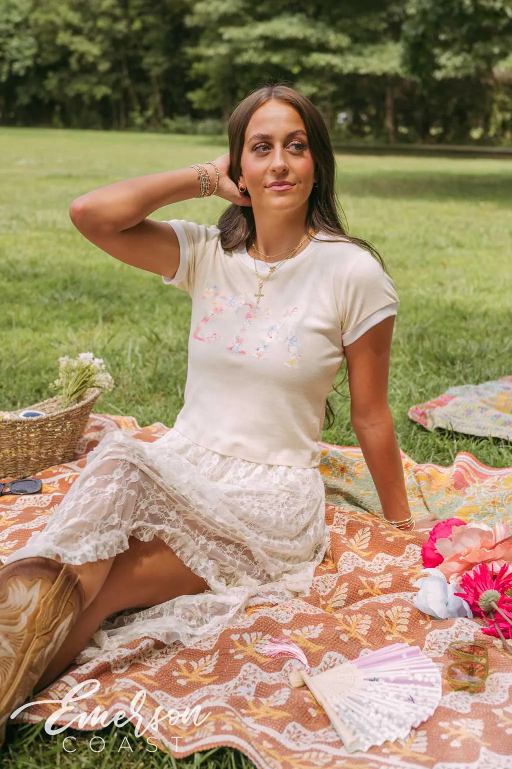 ZTA Floral Letters Cream Baby Ringer Tee
