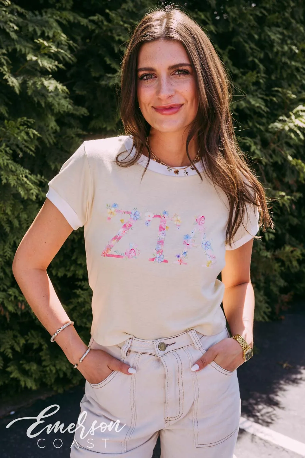 ZTA Floral Letters Cream Baby Ringer Tee